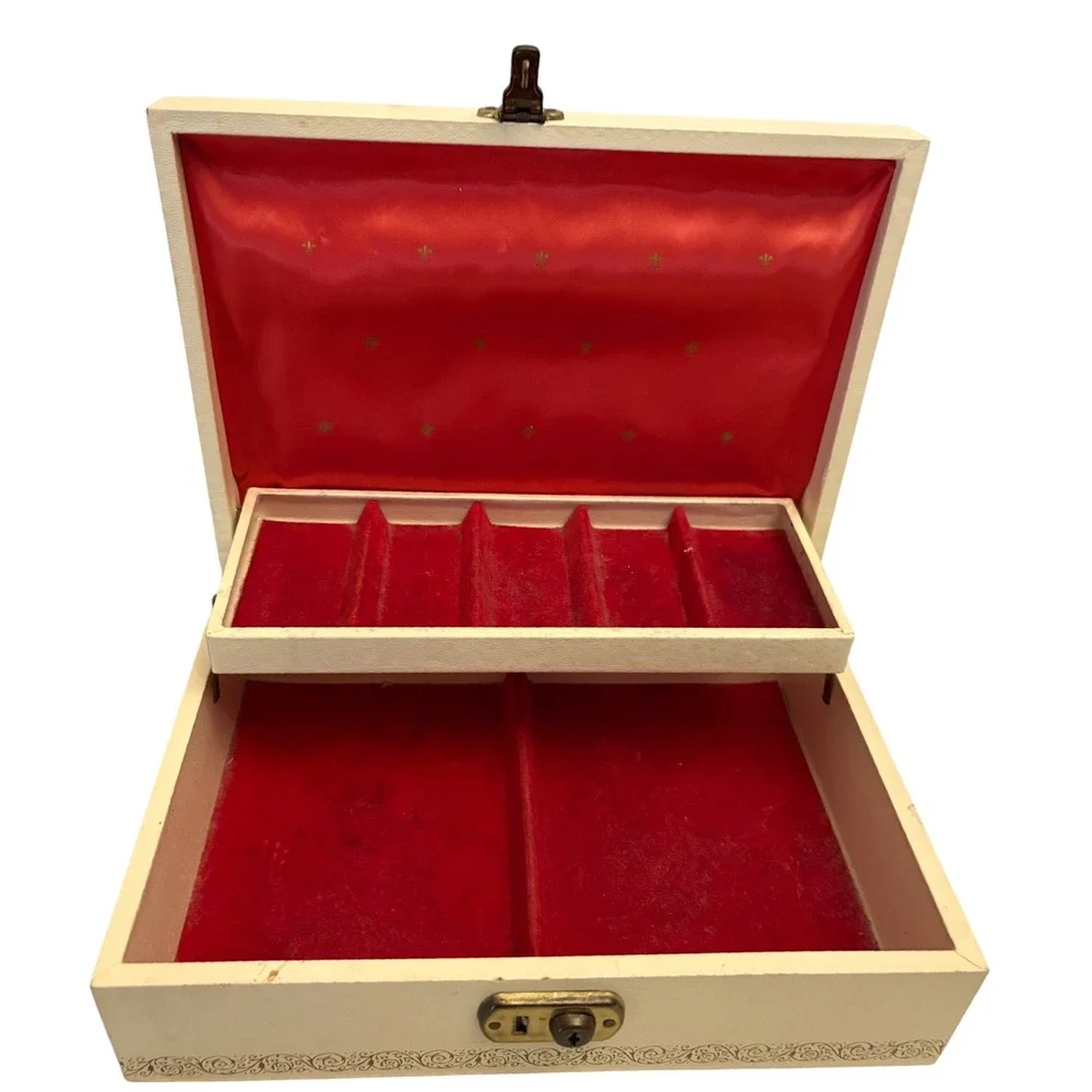 Vintage 1950s Ivory Jewelry‎ Box Organizer Red Lined Storage Case Decorative
